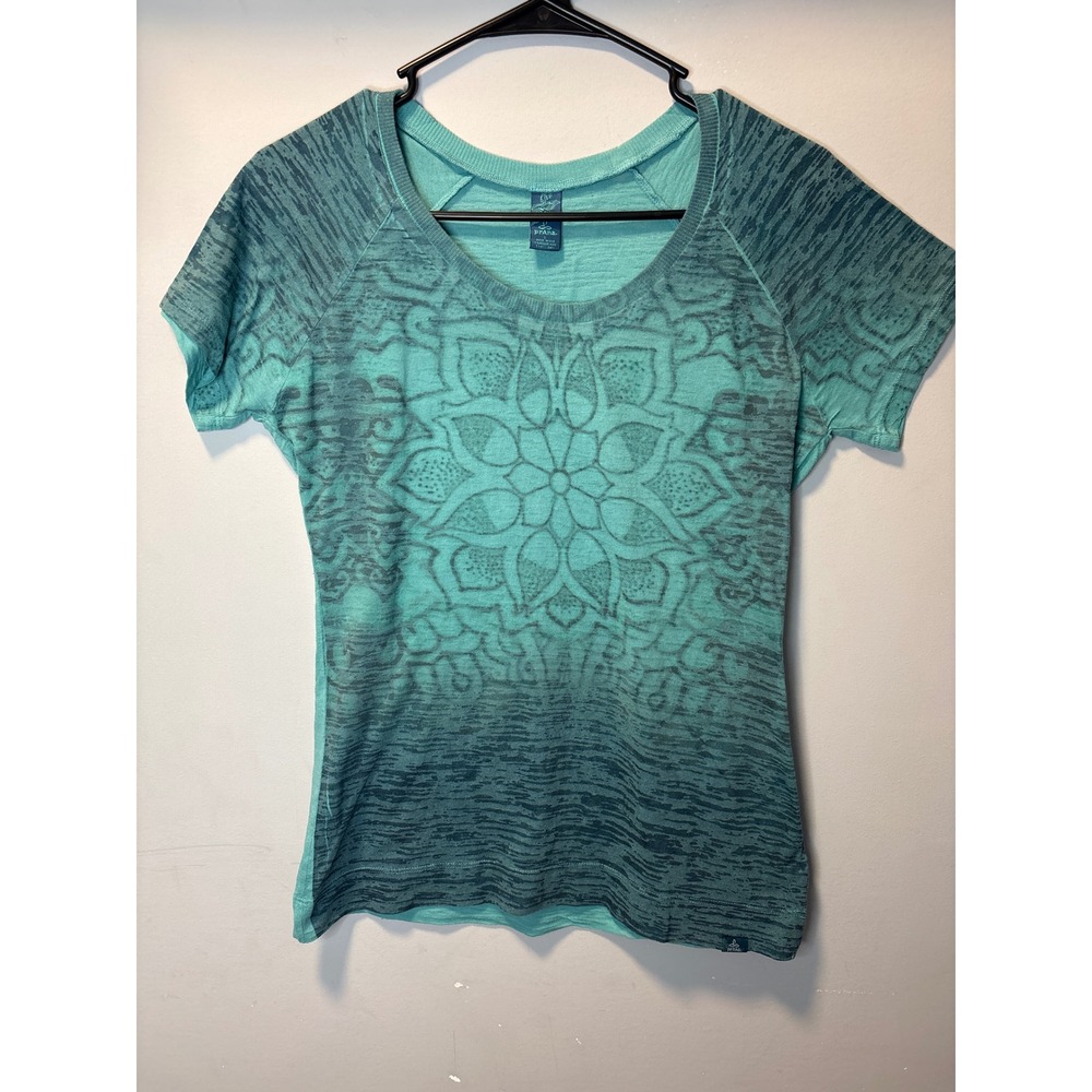 Prana Goddess Large Teal Green Mandala Burnout Raglan Short Sleeve Shirt